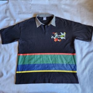 Saints & Sinners Pinocchio Tinker Bell Embroidered Black Striped Larg Polo Shirt